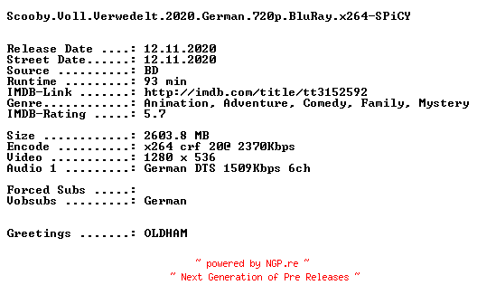 NFO for the release Scooby.Voll.Verwedelt.2020.German.720p.BluRay.x264-SPiCY by SPiCY