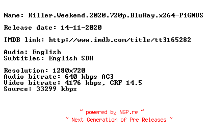 NFO for the release Killer.Weekend.2020.720p.BluRay.x264-PiGNUS by PiGNUS