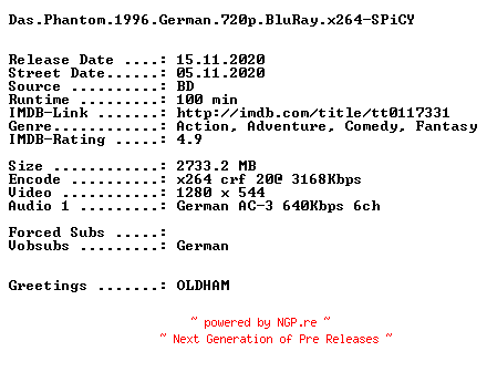 NFO for the release Das.Phantom.1996.German.720p.BluRay.x264-SPiCY by SPiCY