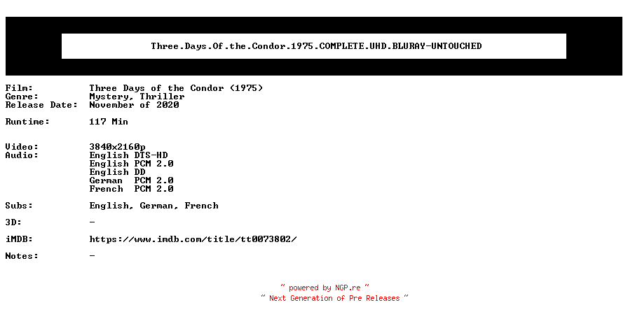 NFO for the release Three.Days.Of.the.Condor.1975.COMPLETE.UHD.BLURAY-UNTOUCHED by UNTOUCHED