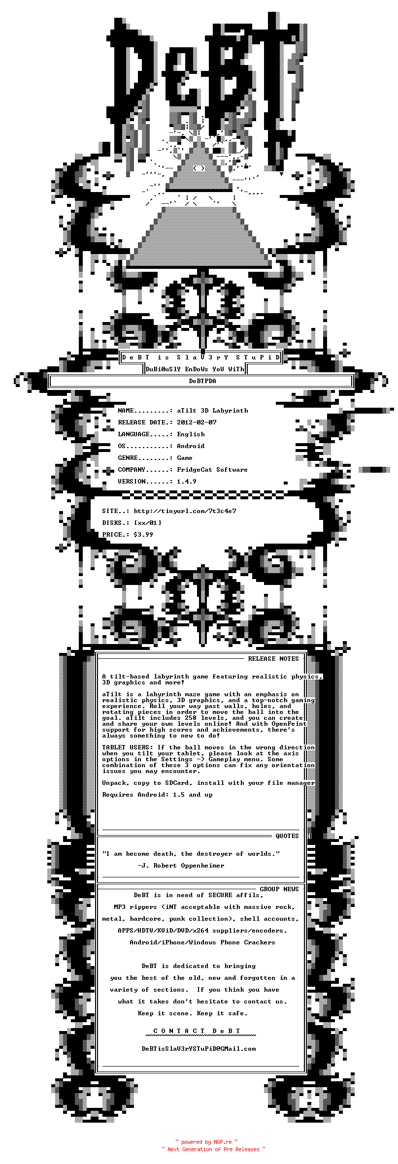 NFO for the release FridgeCat.Software.aTilt.3D.Labyrinth.v1.4.9.Android-DeBTPDA by DeBTPDA