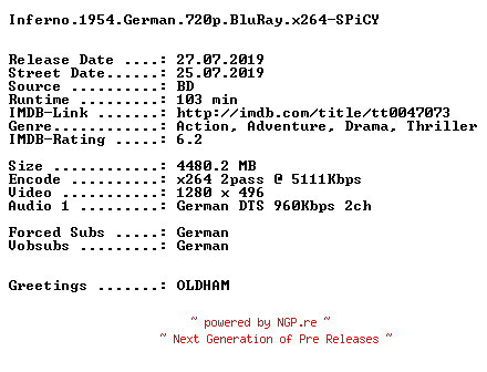 NFO for the release Inferno.1954.German.720p.BluRay.x264-SPiCY by SPiCY