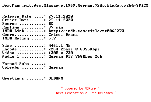 NFO for the release Der.Mann.mit.dem.Glasauge.1969.German.720p.BluRay.x264-SPiCY by SPiCY