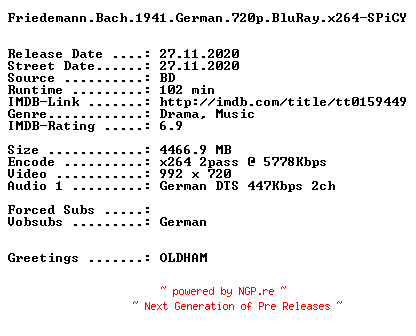 NFO for the release Friedemann.Bach.1941.German.720p.BluRay.x264-SPiCY by SPiCY