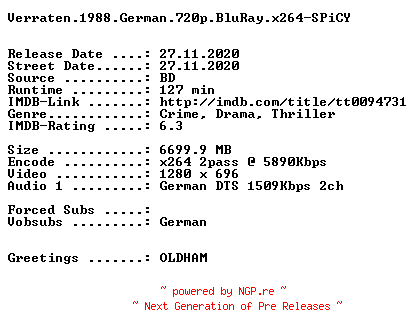 NFO for the release Verraten.1988.German.720p.BluRay.x264-SPiCY by SPiCY