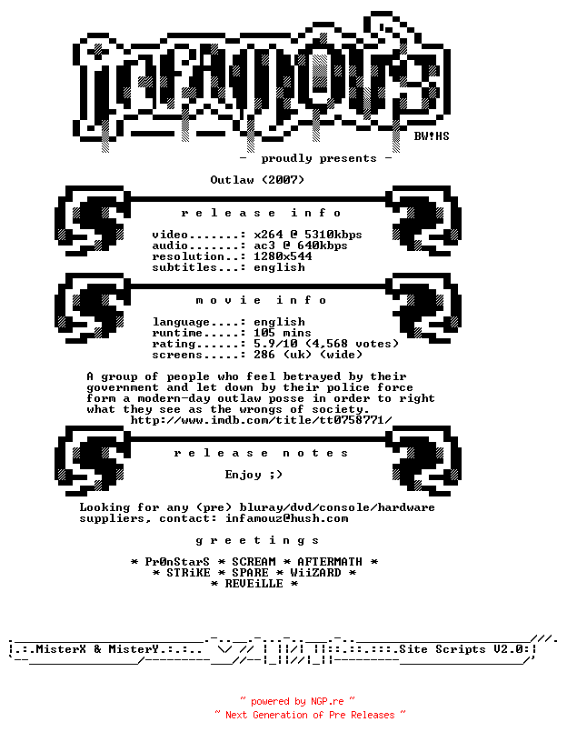 NFO for the release Outlaw.720p.BluRay.x264-iNFAMOUS by iNFAMOUS