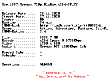 NFO for the release Gor.1987.German.720p.BluRay.x264-SPiCY by SPiCY