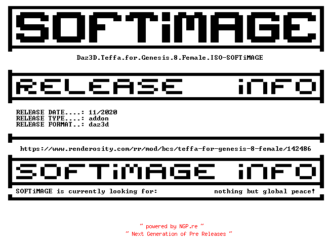 NFO for the release Daz3D.Teffa.for.Genesis.8.Female.ISO-SOFTiMAGE by SOFTiMAGE