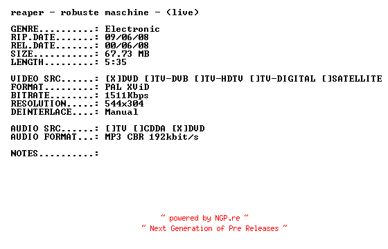 NFO for the release Reaper-Robuste_Maschine-(Live)-DVDRiP-XViD-2008-PMSVCD by PMSVCD