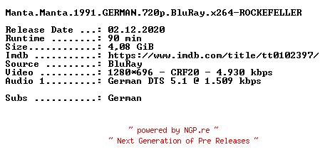 NFO for the release Manta.Manta.1991.GERMAN.720p.BluRay.x264-ROCKEFELLER by ROCKEFELLER
