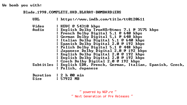 NFO for the release Blade.1998.COMPLETE.UHD.BLURAY-B0MBARDiERS by B0MBARDiERS