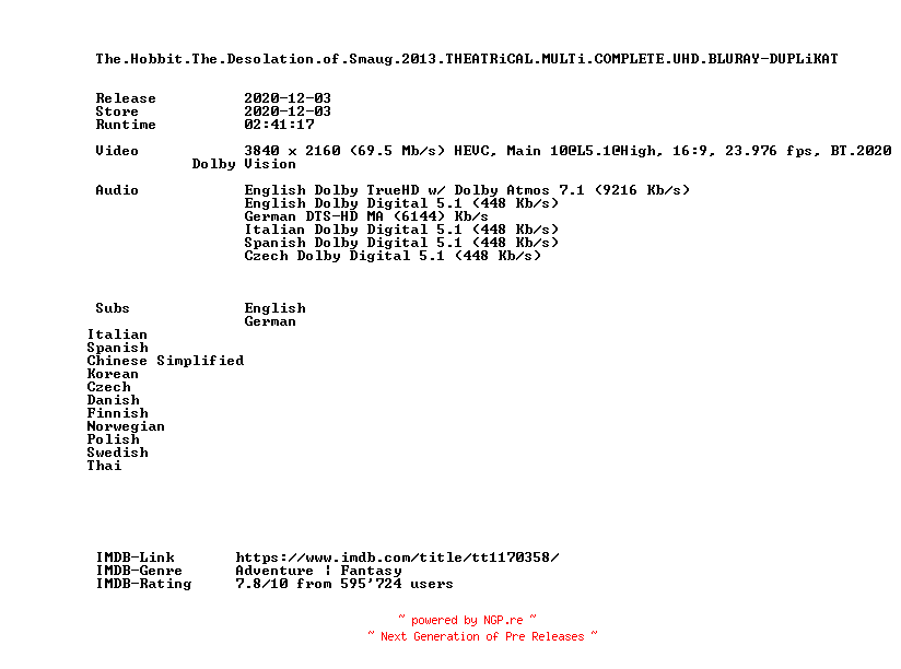 NFO for the release The.Hobbit.The.Desolation.of.Smaug.2013.THEATRiCAL.MULTi.COMPLETE.UHD.BLURAY-DUPLiKAT by DUPLiKAT