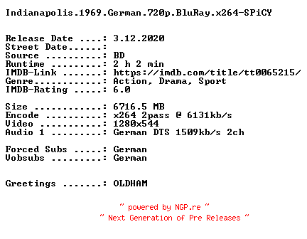 NFO for the release Indianapolis.1969.German.720p.BluRay.x264-SPiCY by SPiCY