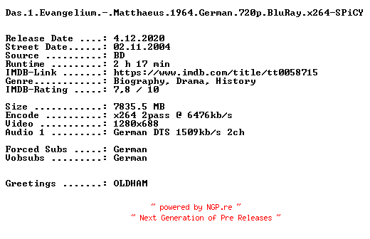 NFO for the release Das.1.Evangelium.-.Matthaeus.1964.German.720p.BluRay.x264-SPiCY by SPiCY