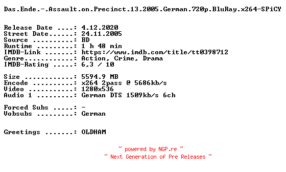 NFO for the release Das.Ende.-.Assault.on.Precinct.13.2005.German.720p.BluRay.x264-SPiCY by SPiCY