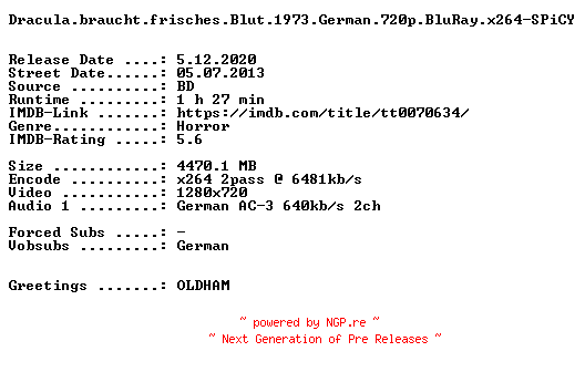 NFO for the release Dracula.braucht.frisches.Blut.1973.German.720p.BluRay.x264-SPiCY by SPiCY