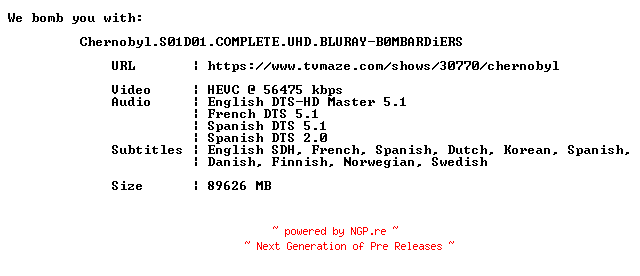 NFO for the release Chernobyl.S01D01.COMPLETE.UHD.BLURAY-B0MBARDiERS by B0MBARDiERS