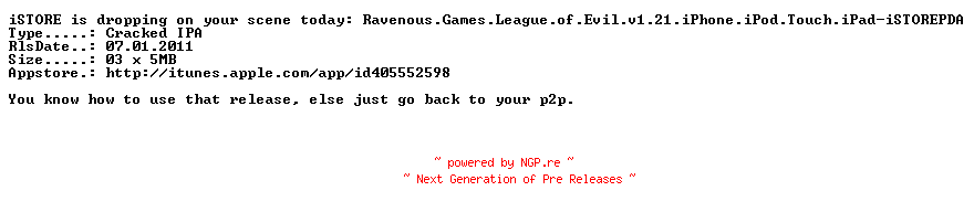 NFO for the release Ravenous.Games.League.of.Evil.v1.21.iPhone.iPod.Touch.iPad-iSTOREPDA by iSTOREPDA