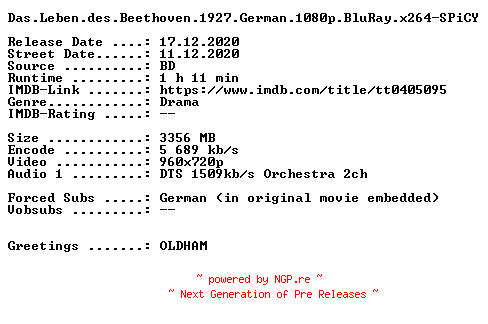 NFO for the release Das.Leben.des.Beethoven.1927.German.720p.BluRay.x264-SPiCY by SPiCY