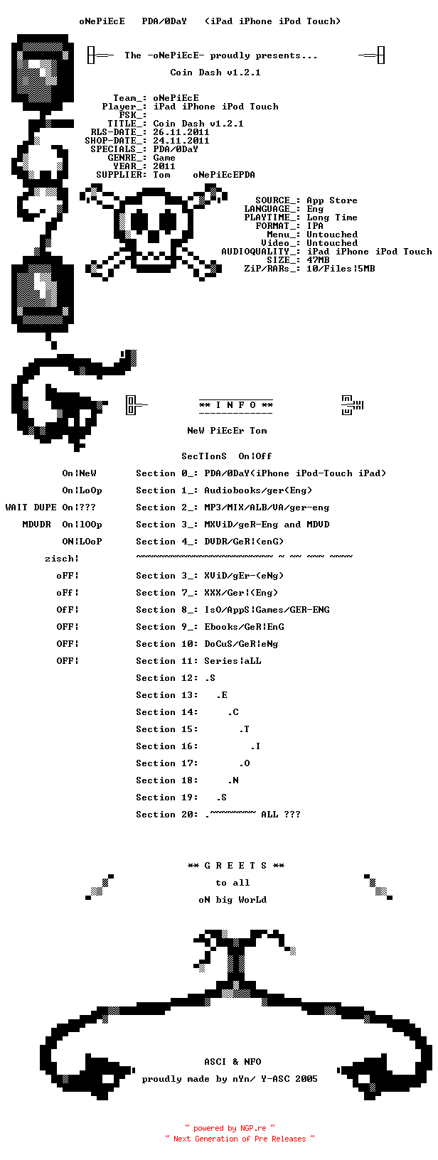 NFO for the release Coin.Dash.v1.2.1.iPhone.iPad.iPod.Touch-oNePiEcEPDA by oNePiEcEPDA