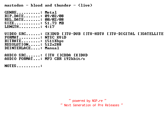 NFO for the release Mastodon-Blood_and_Thunder-(Live)-DVDRiP-x264-2007-PMSVCD by PMSVCD