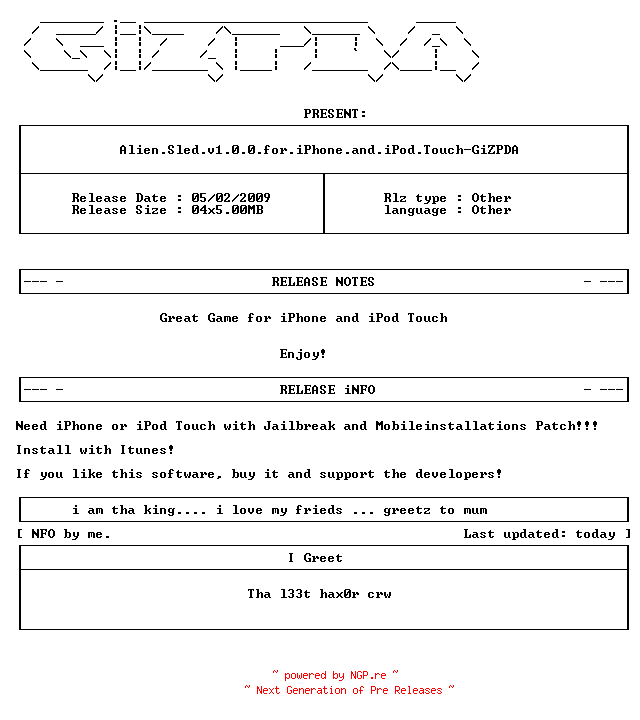 NFO for the release Alien.Sled.v1.0.0.for.iPhone.and.iPod.Touch-GiZPDA by GiZPDA