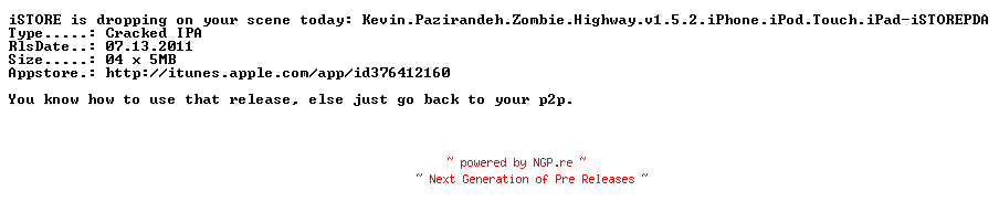 NFO for the release Kevin.Pazirandeh.Zombie.Highway.v1.5.2.iPhone.iPod.Touch.iPad-iSTOREPDA by iSTOREPDA