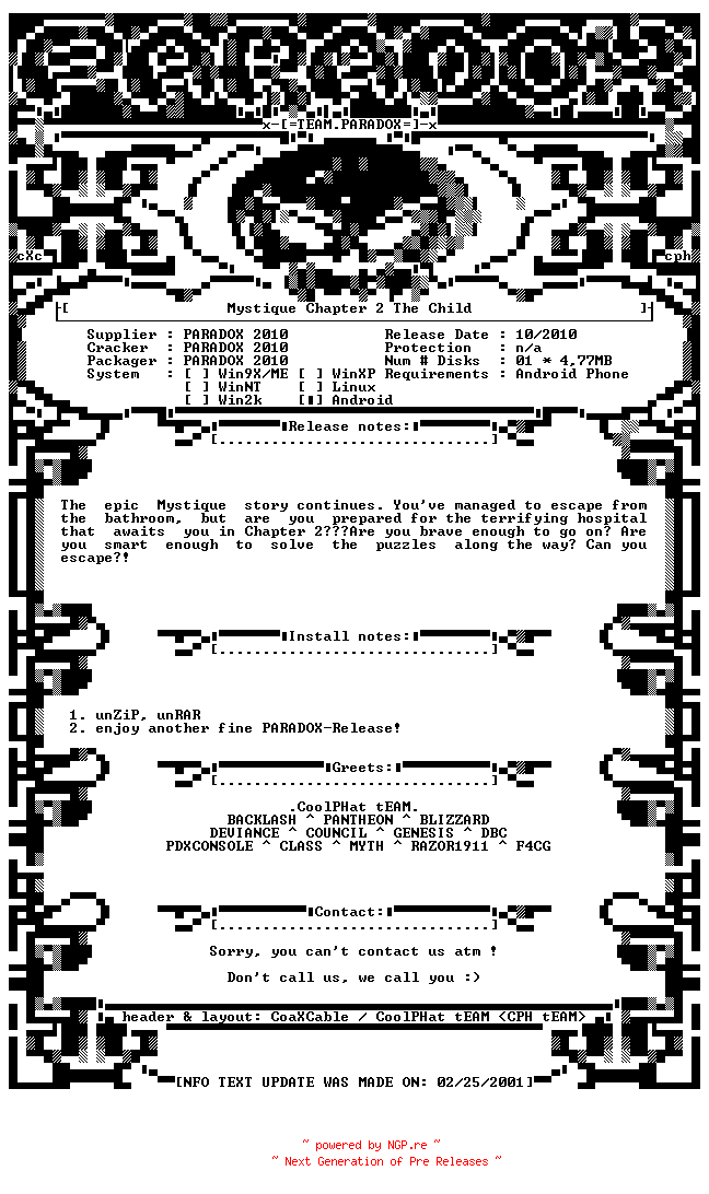 NFO for the release Mystique_Chapter_2_The_Child_ANDROiD_v1.0-PDXPDA by PDXPDA