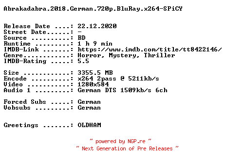 NFO for the release Abrakadabra.2018.German.720p.BluRay.x264-SPiCY by SPiCY