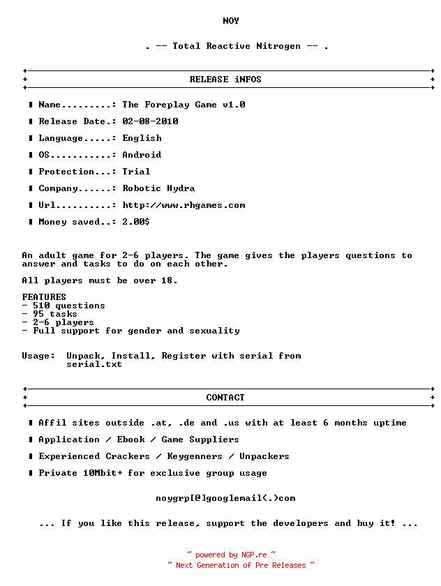 NFO for the release Robotic.Hydra.The.Foreplay.Game.v1.0.Android.Regged-NOYPDA by NOYPDA