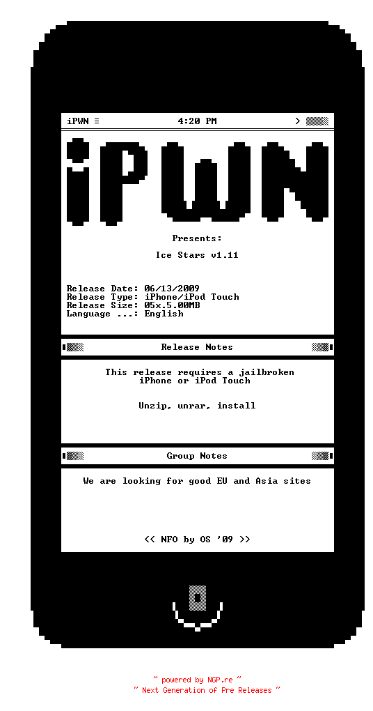NFO for the release Ice.Stars.v1.11.iPhone.iPod.Touch-iPWNPDA by iPWNPDA
