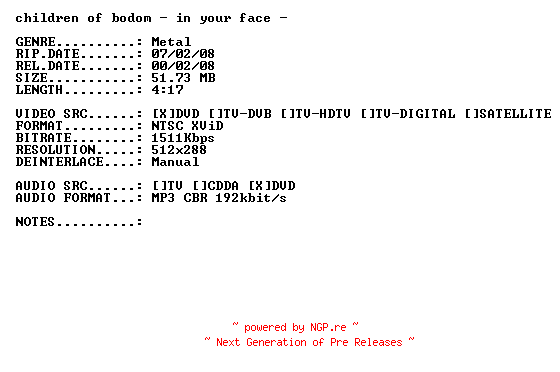 NFO for the release Children_of_Bodom-In_Your_Face-(Live)-DVDRiP-x264-2007-PMSVCD by PMSVCD