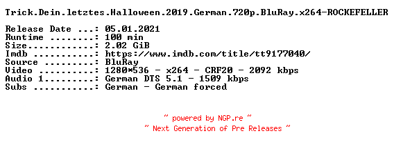 NFO for the release Trick.Dein.letztes.Halloween.2019.German.720p.BluRay.x264-ROCKEFELLER by ROCKEFELLER