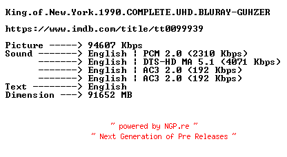 NFO for the release King.of.New.York.1990.COMPLETE.UHD.BLURAY-GUHZER by GUHZER