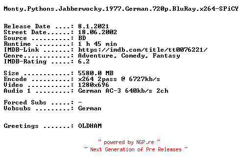 NFO for the release Monty.Pythons.Jabberwocky.1977.German.720p.BluRay.x264-SPiCY by SPiCY