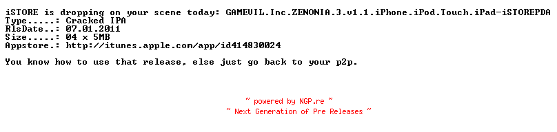 NFO for the release GAMEVIL.Inc.ZENONIA.3.v1.1.iPhone.iPod.Touch.iPad-iSTOREPDA by iSTOREPDA