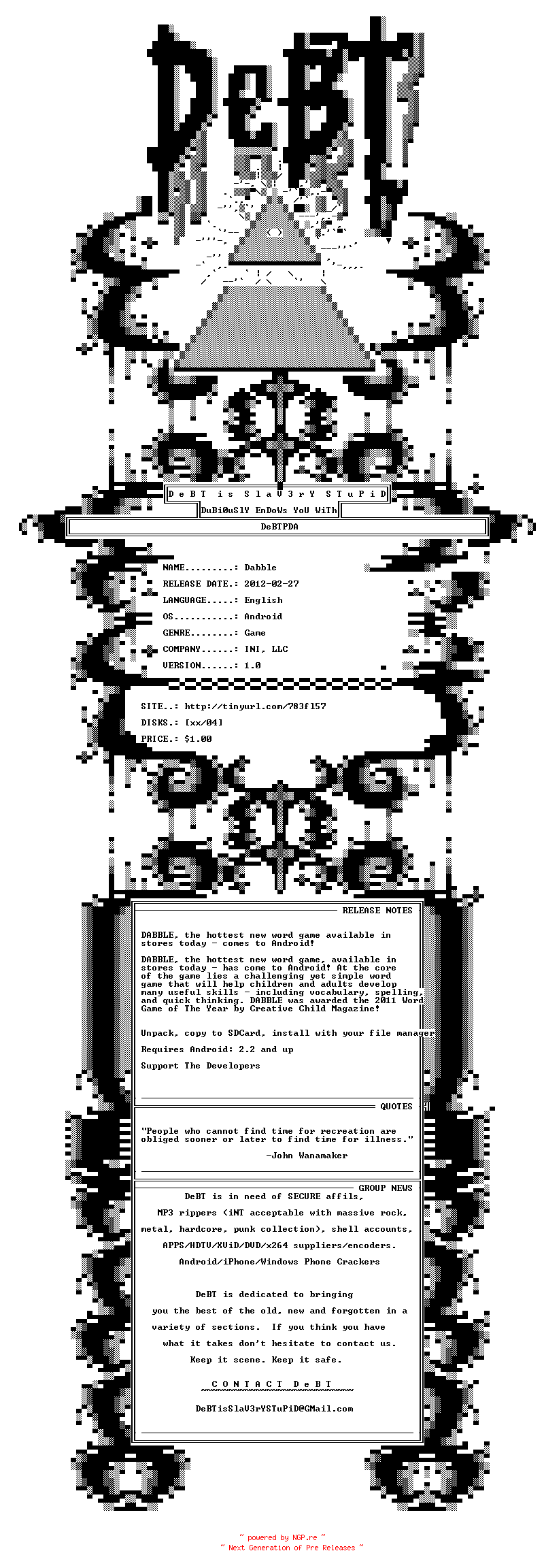 NFO for the release INI.Dabble.v1.0.Android-DeBTPDA by DeBTPDA