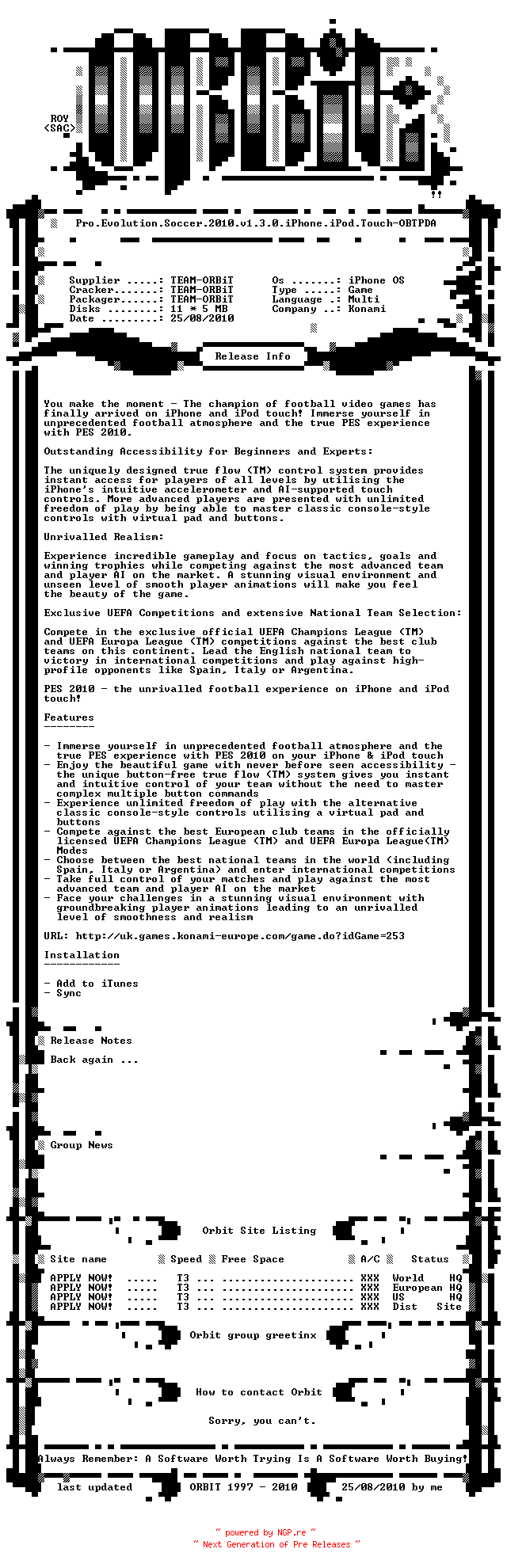 NFO for the release Pro.Evolution.Soccer.2010.v1.3.0.iPhone.iPod.Touch-OBTPDA by OBTPDA