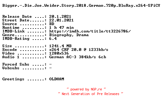 NFO for the release Bigger.-.Die.Joe.Weider.Story.2018.German.720p.BluRay.x264-SPiCY by SPiCY