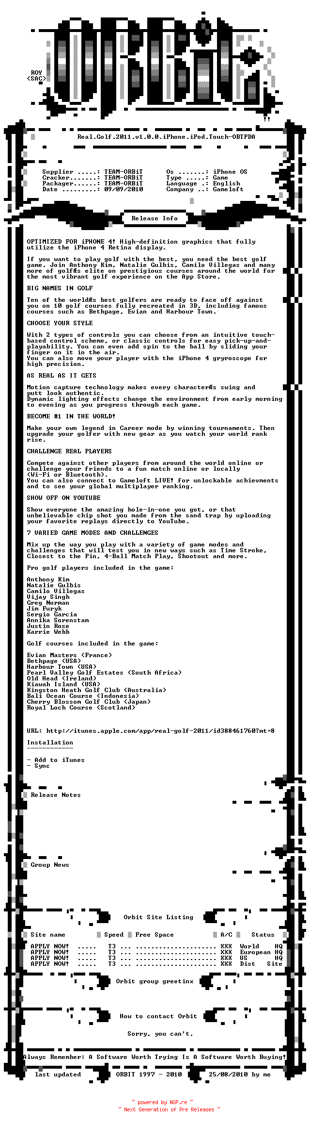 NFO for the release Real.Golf.2011.v1.0.0.iPhone.iPod.Touch-OBTPDA by OBTPDA