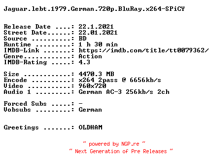 NFO for the release Jaguar.lebt.1979.German.720p.BluRay.x264-SPiCY by SPiCY