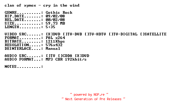 NFO for the release Clan_of_Xymox-Cry_in_the_Wind-(Live)-DVDRiP-XViD-2008-PMSVCD by PMSVCD