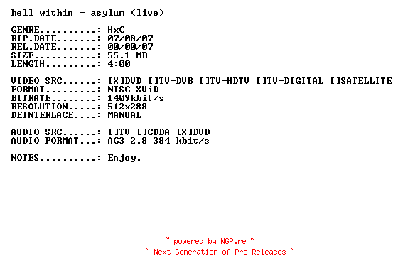 NFO for the release Hell_Within-Asylum-(live)-DVDRiP-XViD-2005-PMSVCD by PMSVCD