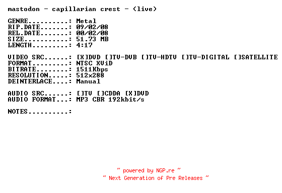NFO for the release Mastodon-Capillarian_Crest-(Live)-DVDRiP-x264-2007-PMSVCD by PMSVCD