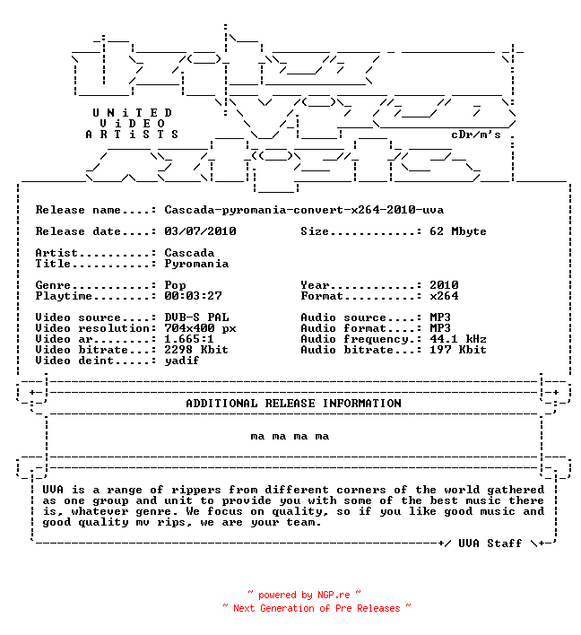 NFO for the release Cascada-pyromania-convert-x264-2010-uva by uva