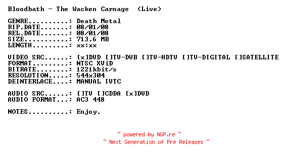 NFO for the release Bloodbath-The_Wacken_Carnage-(Live)-DVDRiP-XViD-2008-PMSVCD by PMSVCD