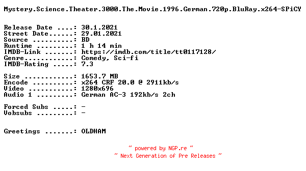 NFO for the release Mystery.Science.Theater.3000.The.Movie.1996.German.720p.BluRay.x264-SPiCY by SPiCY