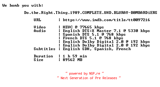 NFO for the release Do.the.Right.Thing.1989.COMPLETE.UHD.BLURAY-B0MBARDiERS by B0MBARDiERS