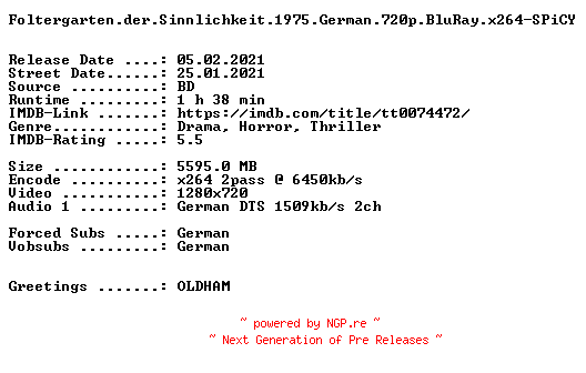 NFO for the release Foltergarten.der.Sinnlichkeit.1975.German.720p.BluRay.x264-SPiCY by SPiCY