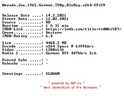 NFO for the release Nevada.Joe.1965.German.720p.BluRay.x264-SPiCY by SPiCY